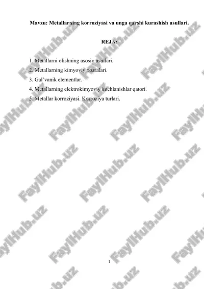 metallarni olishning asosiy usullari — DOC