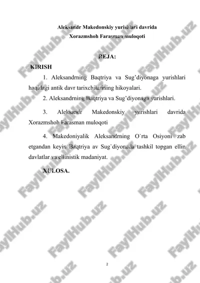 aleksandr makedonskiy yurishlari davrida xorazmshoh farasman muloqoti — DOC