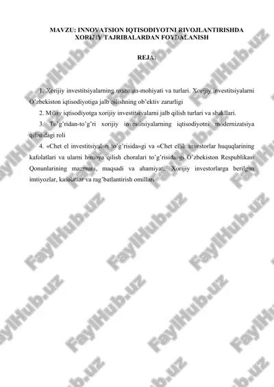 xorijiy investitsiyalarni o’zbekiston iqtisodiyotiga jalb qilish — DOCX