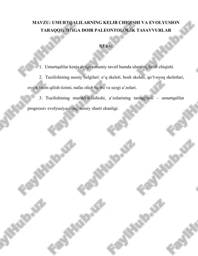 umurtqalilarning kelib chiqishi va evolyusion taraqqiyotiga doir paleontologik tasavvurlar — DOCX