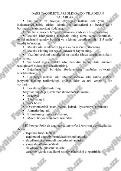 dars taqdimotlari oldiga qo‘yiladigan talablar — DOC
