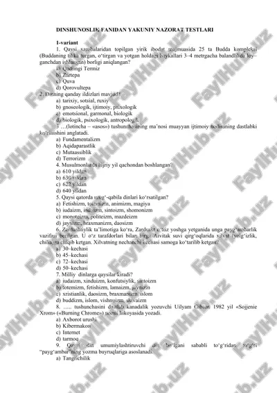 dinshunoslik fanidan yakuniy nazorat testlari — DOC