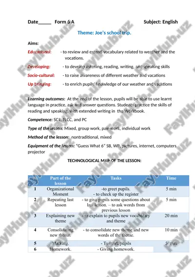 joe’s school trip mavzusida 6-sinflar uchun dars ishlanma — DOCX