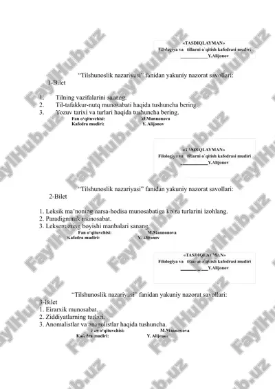 "tilshunoslik nazariyasi" fanidan yakuniy nazorat savollari — DOC