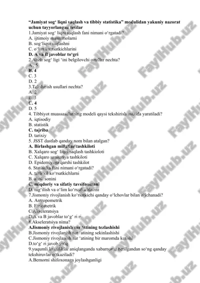 jamiyat sog‘liqni saqlash va tibbiy statistika testlari — DOC