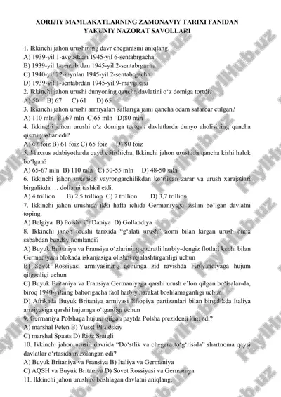 xorijiy mamlakatlarning zamonaviy tarixi fanidan yakuniy nazorat savollari — DOC