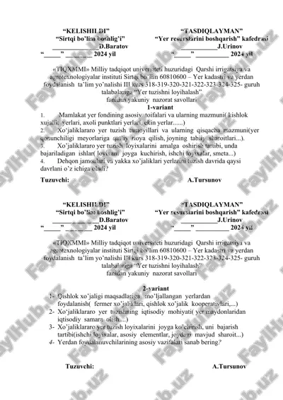 yer tuzishni loyihalash fanidan yakuniy nazorat savollari — DOC