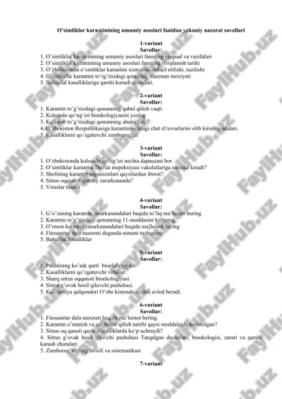 o’simliklar karantinining umumiy asoslari fanidan yakuniy nazorat savollari — DOC