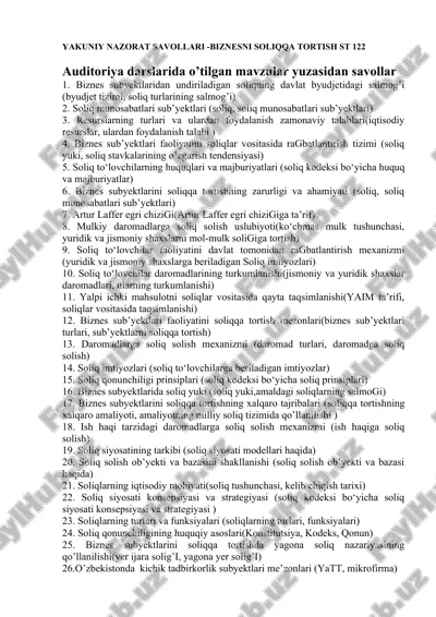 yakuniy nazorat savollari - biznesni soliqqa tortish st 122 — DOC