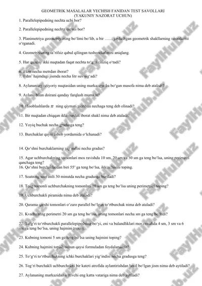 geometrik masalalar yechish fanidan test savollari (yakuniy nazorat uchun) — DOC