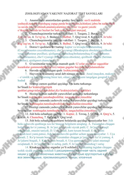 zoologiyadan yakuniy nazorat test savollari — DOC
