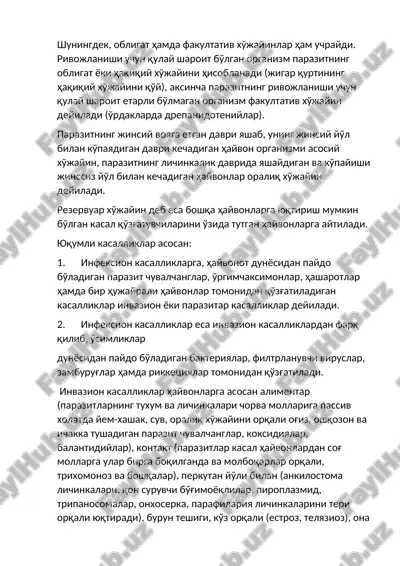 parazitlar va ularning kasalliklar — DOC