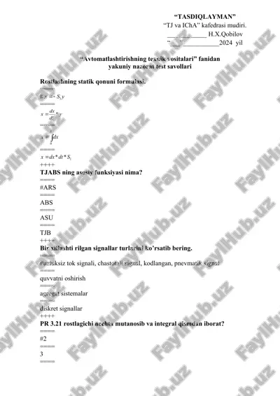 "avtomatlashtirishning texnik vositalari" fanidan yakuniy nazorat test savollari — DOC