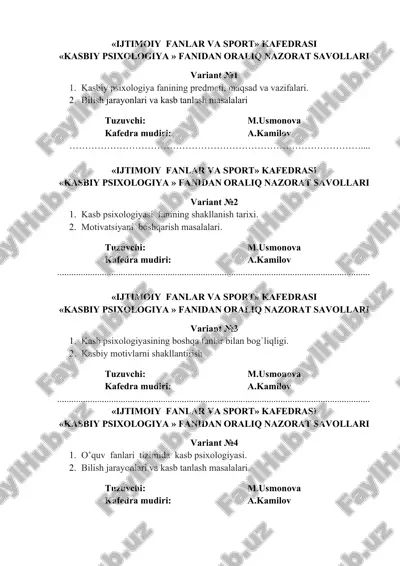 kasbiy psixologiya fanidan oralig' nazorat savollari — DOC