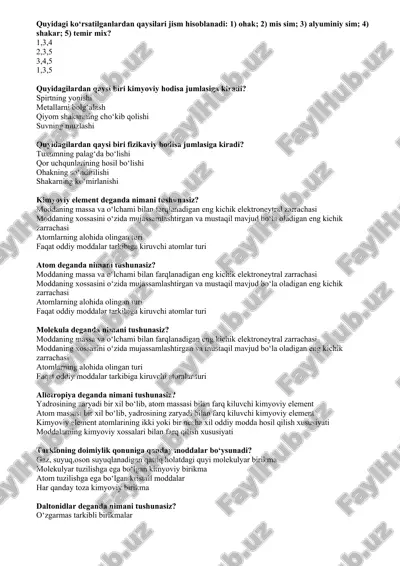 kimyoviy hodisalar testlar to‘plami — DOC