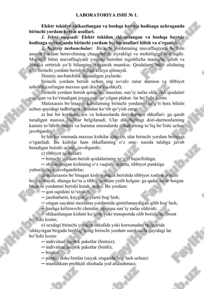 elektr toqidan shikastlangan hodisaga birinchi yordam berish usullari — DOC