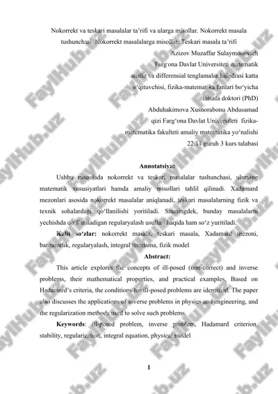 nokorrekt va teskari masalalar taʼrifi va ularga misollar — DOCX