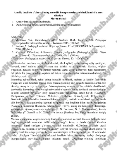 amaliy intellekt o'qituvchining metodik kompetentsiyasini shakllantirish asosi sifatida — DOC
