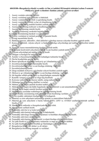 buxgalteriya hisobi va audit uchun nazorat savollari — DOC