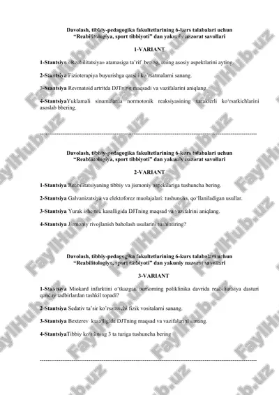 "reabilitologiya, sport tibbiyoti" nazorat savollari — DOC
