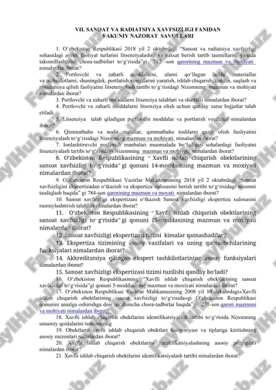 sanoat va radiatsiya xavfsizligi fanidan yakuniy nazorat savollari — DOC