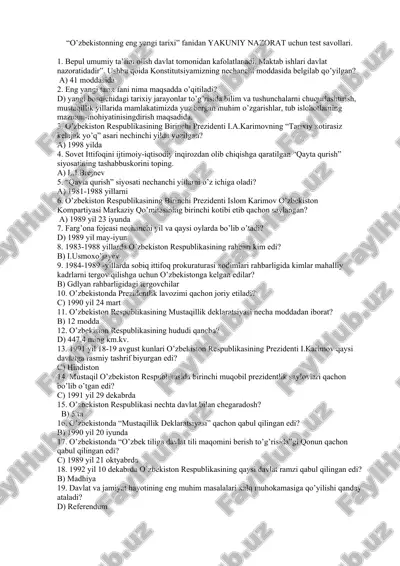 o’zbekistonning eng yangi tarixi fanidan yakuniy nazorat uchun test savollari — DOC