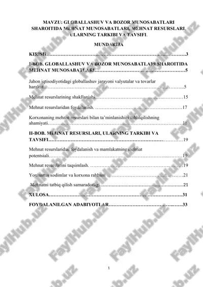 globallashuv va bozor munosabatlari sharoitida mehnat munosabatlari — DOCX