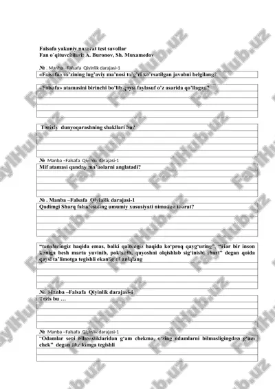 falsafa yakuniy nazorat test savollar — DOC