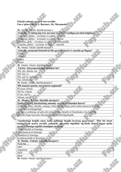 falsafa yakuniy nazorat test savollar — DOC