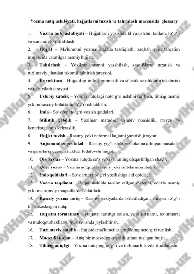 yozma nutq uslubiyati, hujjatlarni tuzish va tahrirlash mavzusida glossary — DOCX