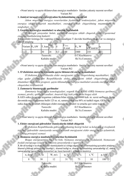 noan‘anaviy va qayta tiklanuvchan energiya manbalari fanidan yakuniy nazorat savollari — DOC