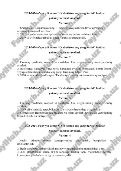 2023-2024-o’quv yili uchun “o`zbekiston eng yangi tarixi” fanidan yakuniy nazorat savollari. — DOC