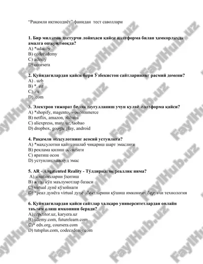 raqamli iqtisodiyot fanidan test savollari — DOC