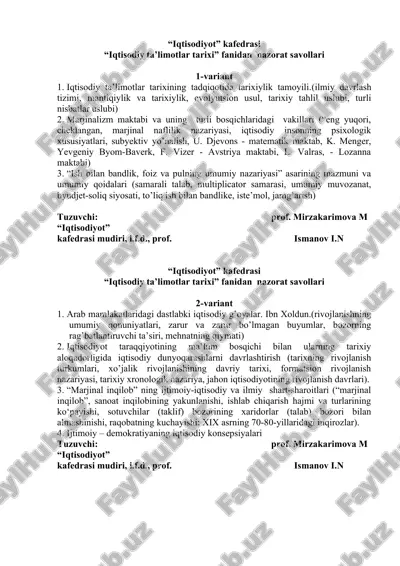 iqtisodiy ta'limotlar tarixi nazorat savollari — DOC