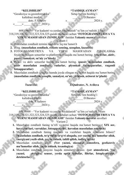 fotogrammetriya va yerni masofadan zondlash — DOC