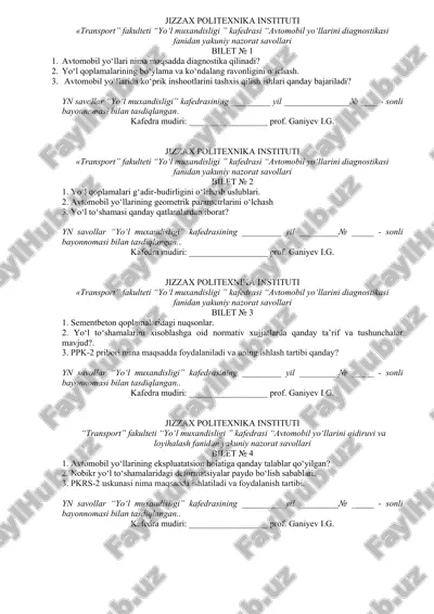 avtomobil yo‘llarini diagnostikasi nazorat savollari — DOC