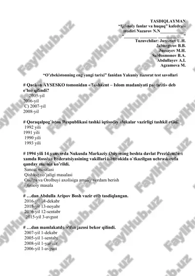 yakuniy nazorat test savollari "o'zbekistonning eng yangi tarixi" fanidan — DOC