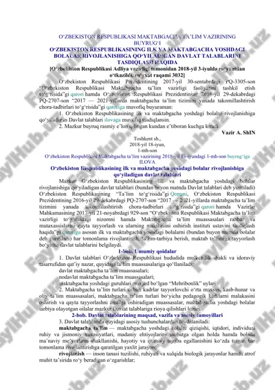 o‘zbekiston respublikasi maktabgacha ta’lim vazirining buyrug‘i — DOC