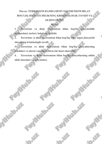 terrorizm hamda diniy ekstremizm bilan bog'liq jinoyatchilikning kriminologik tavsifi va oldini olish. — DOCX