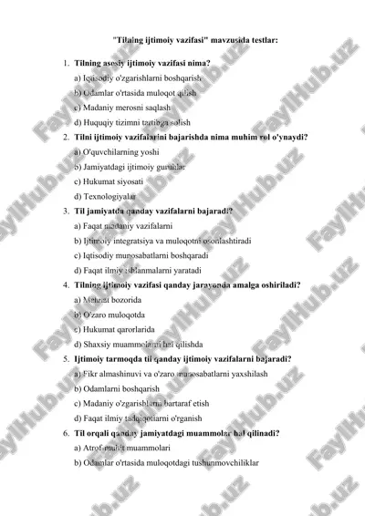 tilning ijtimoiy vazifasi mavzusida testlar — DOCX