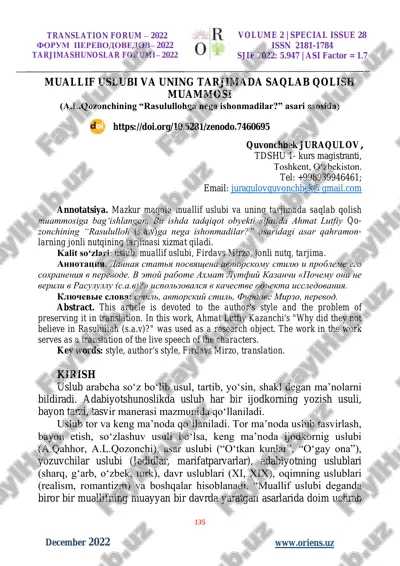 muallif uslubi va uning tarjimada saqlab qolish muammosi — PDF