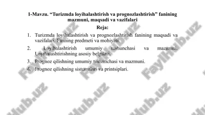 turizmda loyihalashtirish va prognozlashtirish — PPTX