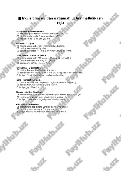 ingliz tilini noldan o‘rganish uchun haftalik ish rejasi — PDF