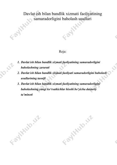 davlat ish bilan bandlik xizmati faoliyatining samaradorligini baholash usullari — DOC