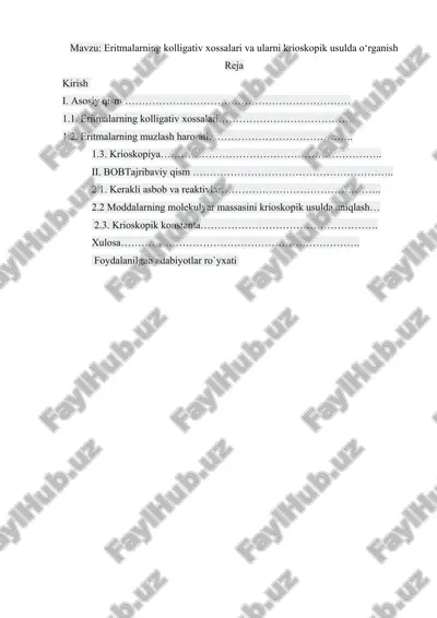 eritmalarning kolligativ xossalari va ularni krioskopik usulda o‘rganish — DOCX