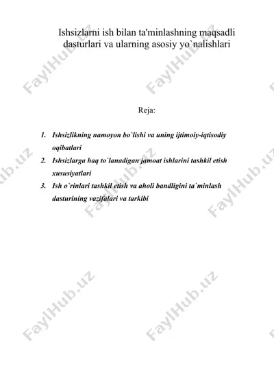 ishsizlarni ish bilan ta'minlashning maqsadli dasturlari va ularning asosiy yo'nalishlari — DOC