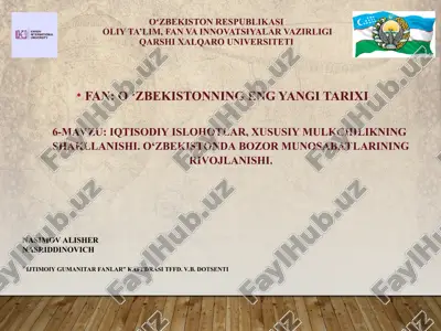 iqtisodiy islohotlar va xususiy mulkchilikning shakllanishi o‘zbekistonda bozor munoqiyotlari — PPT