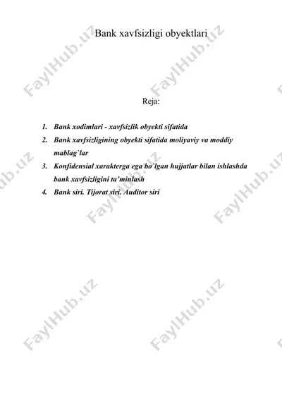 bank xavfsizligi obyektlari — DOC