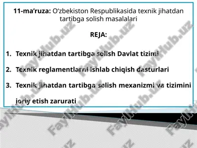 o‘zbekiston respublikasida texnik jihatdan tartibga solish masalalari — PPTX