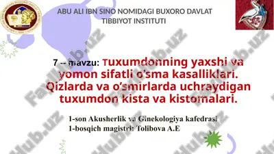 tuxumdonning yaxshi va yomon sifatli o'smakasalliklari. qizlarda va o'smirlarda uchraydigan tuxumdon kista va kistomalari. — PPTX